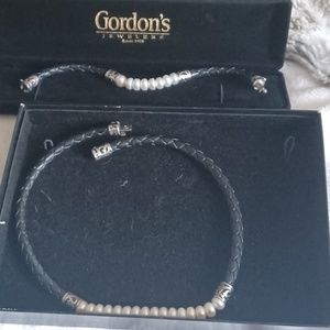 Genuine pearl, leather and sterling silver collar necklace and bracelet set